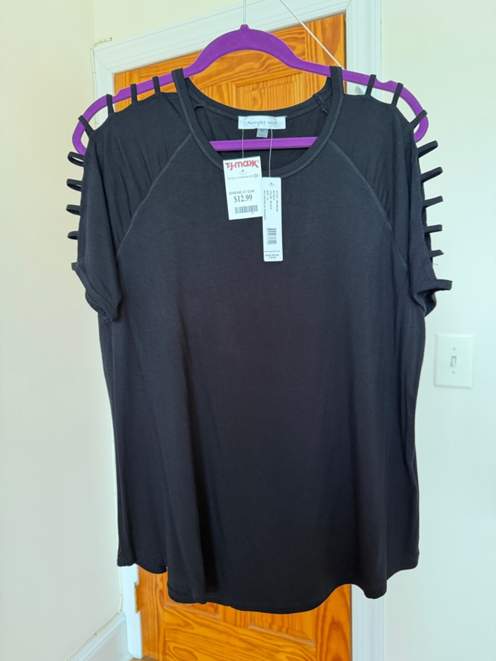 august silk Black Short Sleeve Top with Ladder Cutout Shoulders
